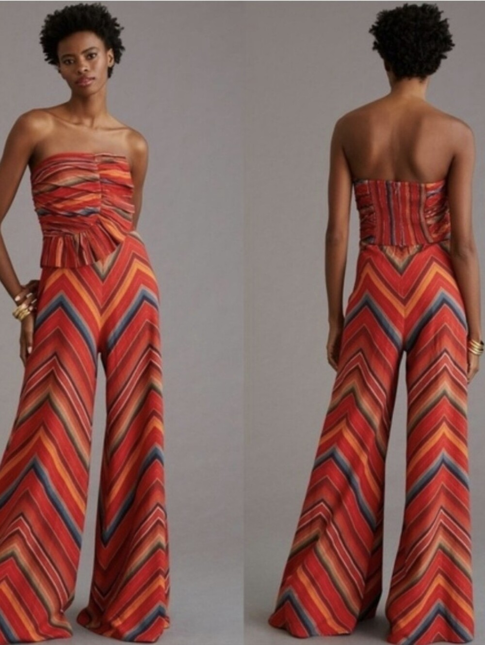 Anthropologie Ranna Gill Strapless BoHo Groovy Retro Linen Chevron Jumpsuit L
